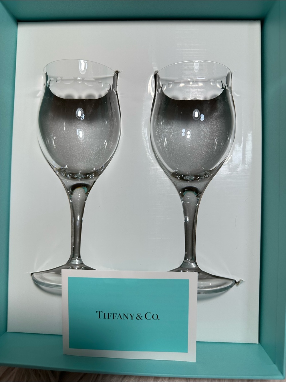 Tiffany & Co. Clear Crystal Wine Glasses with Signature Blue Card